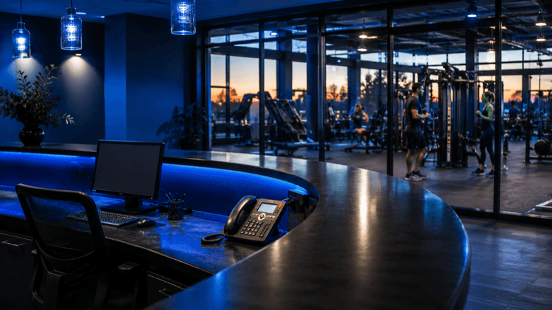Busy fitness business front desk with phone ringing and overwhelmed staff — missed calls cost fitness businesses thousands per week